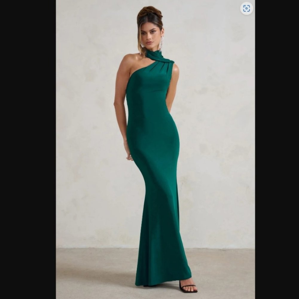 Club L London Capucine Bottle Green Asymmetric Draped Maxi Dress
